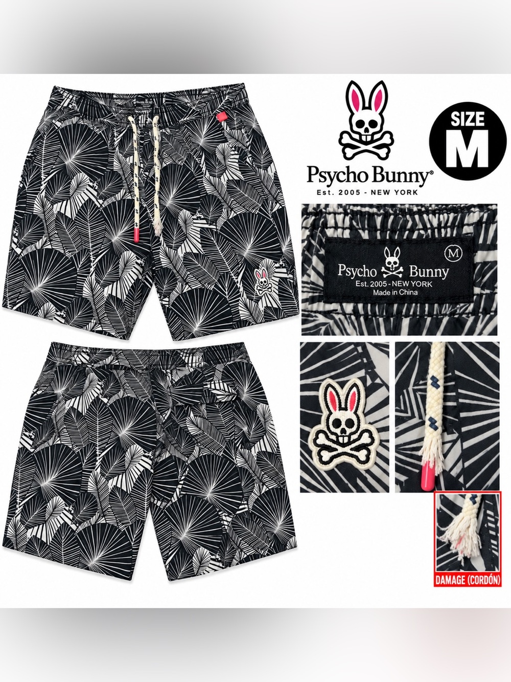 Psycho Bunny Black & White Palm-Print Swim Shorts